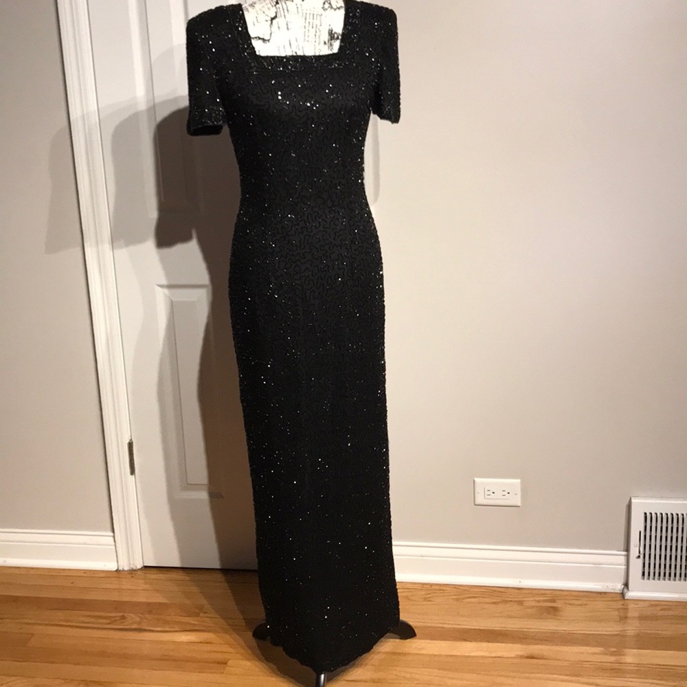 👹Papell SILK Vintage Embellish Fully Beaded Formal Pencil Bodice Evening Prom 6